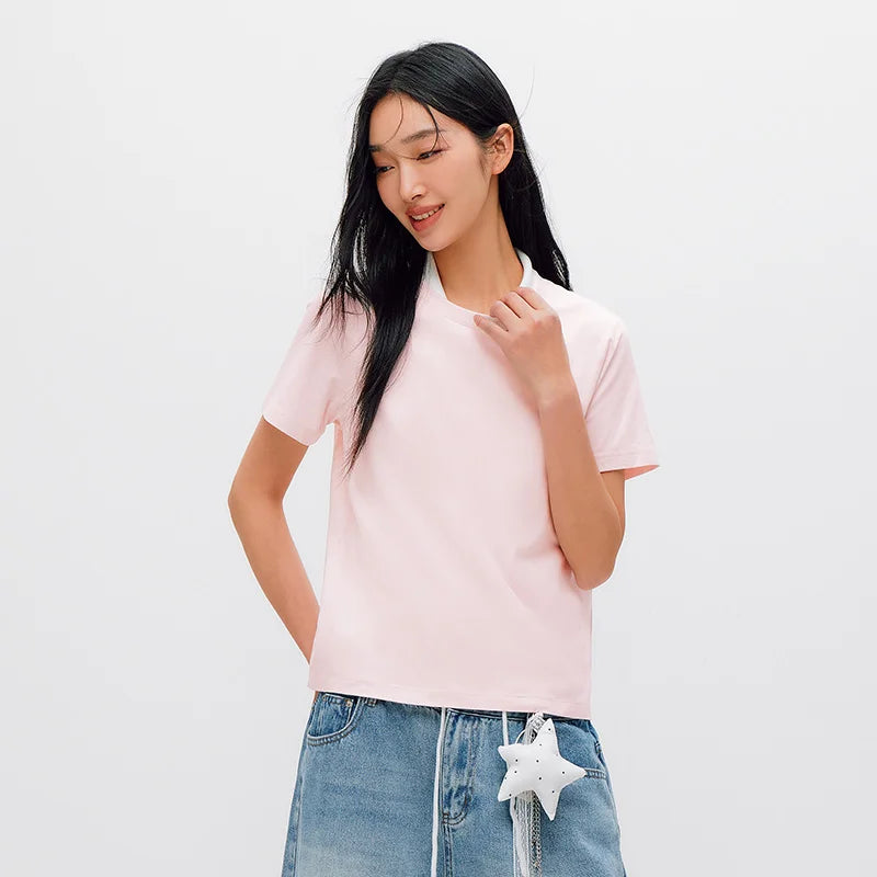 Semir Women Tshirt Solid Color Slim Fit Crew Neck Short Sleeve Summer 2026 Versatile Casual Everyday Fashion Top