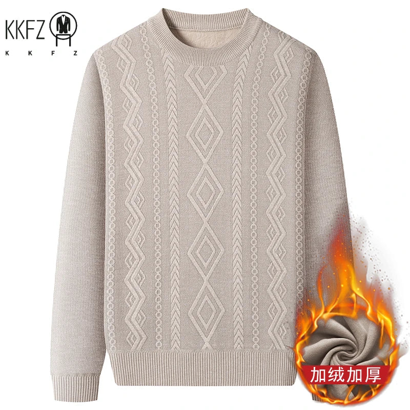 Thick Thermal Crew Neck Pullover Men Vertical Geometric Diamond Pattern Soft Fleece Lining Weekend Outing Knitwear