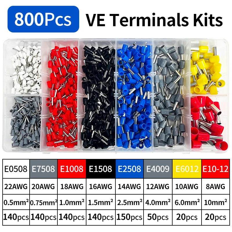 200/450/800/1250/1800/1900Pcs Sturdy Electrical Connectors with Pressure - Connection Ring Terminals E0508 E7508 E1008 E1508