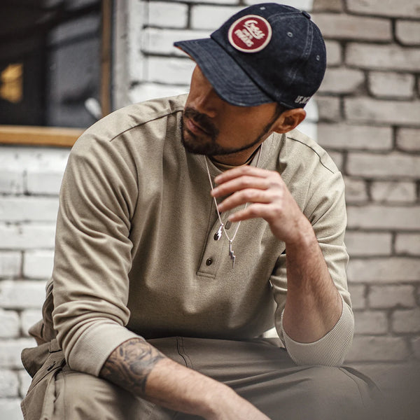 សម្លៀកបំពាក់បុរស Maden American Casual Henry Collar Tops Sweatshirt Clean-fit ដៃវែងបាត អាវយឺតនិទាឃរដូវម៉ូដទាន់សម័យ