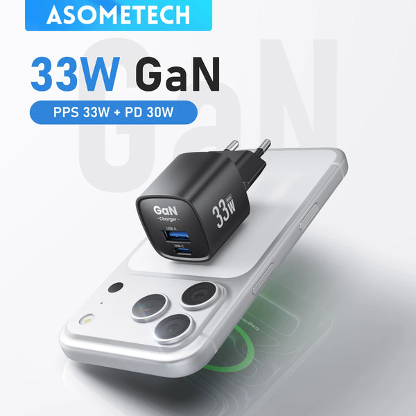 ឆ្នាំងសាក GaN USB Type C 33W Samsung រន្ធពីរ PD PPS សាកថ្មលឿនសម្រាប់ iPhone 17 16 15 Pro Max iPad Samsung S23 Ultra Xiaomi