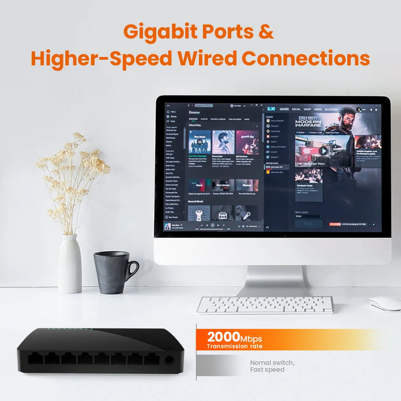 Tenda Gigabit Switch Ethernet 5/8 ច្រក 1000 Mbps 10x Fast Switch RJ45 Hub Ethernet Network Switch SOHO Desktop Smart WiFi Switch