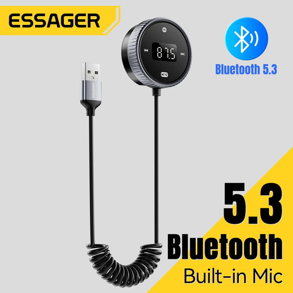 Essager Car Bluetooth 5.3 FM Transmitter Built-in Mic Handsfree LED Display 3.5mm AUX Adapter MP3 Music Player With TF Card Slot