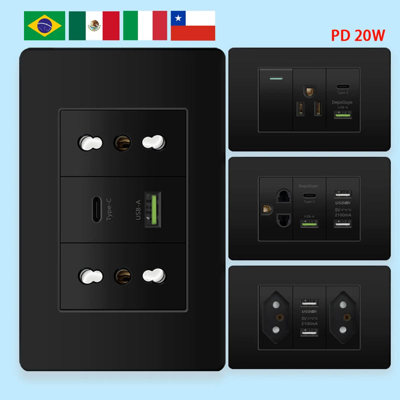 Italy Chile Mexico Outlet with USB Smart Type-c 20W Fast Charging Wall plug,Brazil Electric Light Switch Dual usb Power Socket
