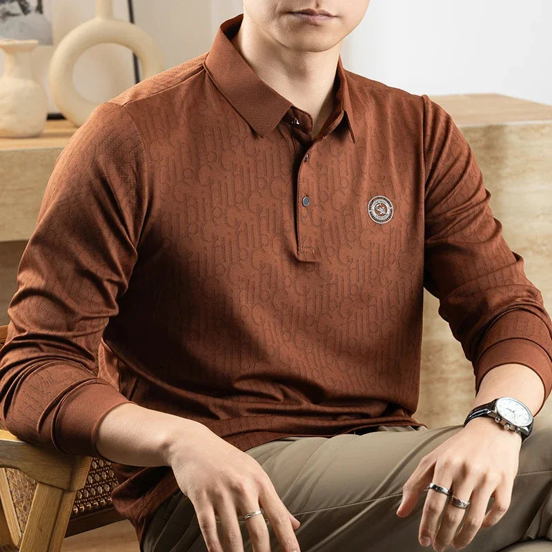 Mens Mesh Fabric Polo Shirt Short Sleeve Turn Down Collar Allover Letter Print Chest Embroidery Relax Fit Office Top