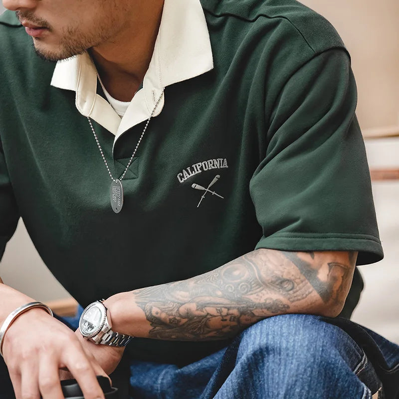 Maden Contrasting Color Short Sleeve T-shirts for Men Summer Green Loose Fit Polo Shirt Casual Embroidery Tee Tops for Daily