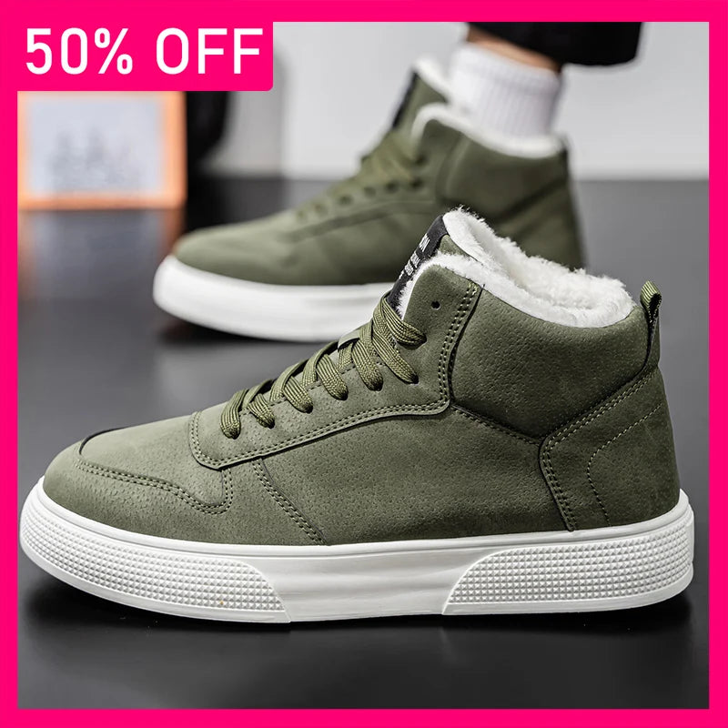 Men Board Shoes Winter New Plush Leather Non-slip Fashion Versatile Outdoor Walking Shoes Comfortable Warm Casual Shoes Man