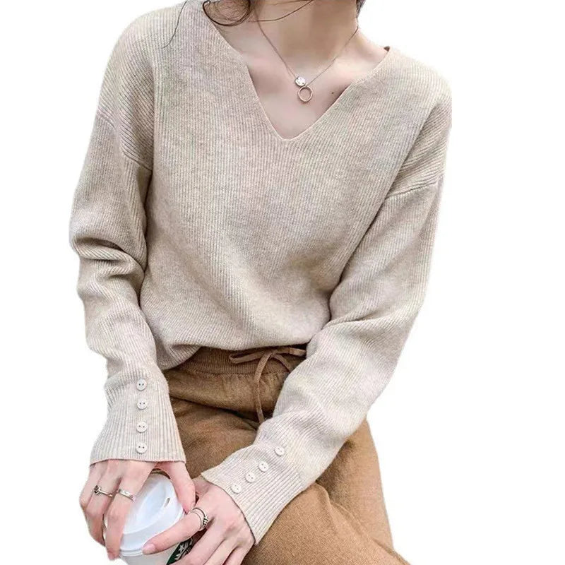 Elegant V Neck Long Sleeve Knitwear Woman Clothes Spring Autumn Pullover Sweater Basic Wear Knitted Tops Female Pulls Jumper