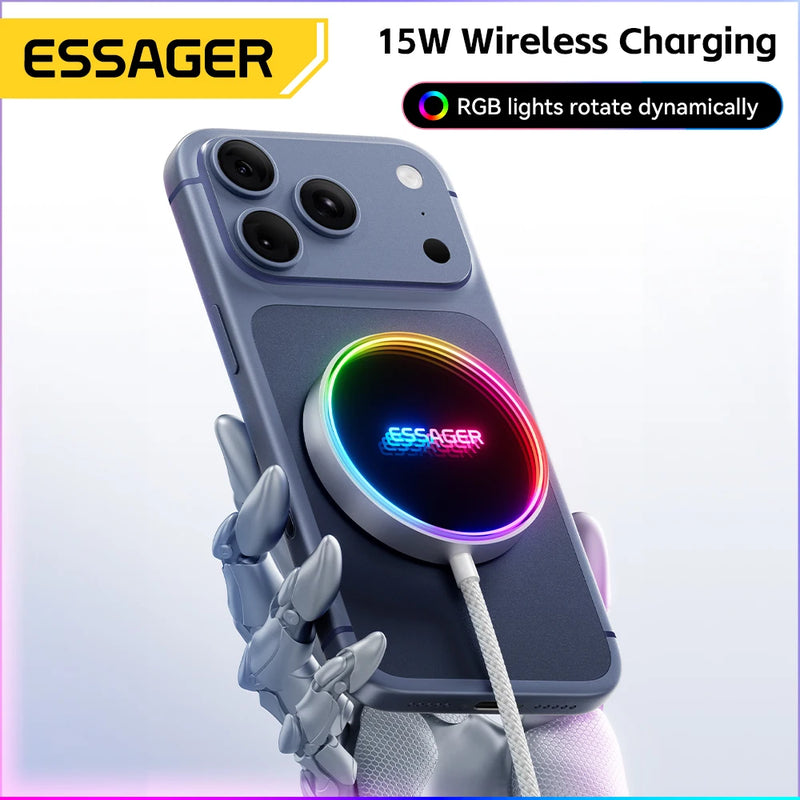 ឆ្នាំងសាកឥតខ្សែ ESSAGER 15W ម៉ាញេទិក RGB សាកថ្មទូរស័ព្ទលឿនសម្រាប់ iPhone 16 15 14 13 Pro សម្រាប់ Macsafe Phone Charging Dock
