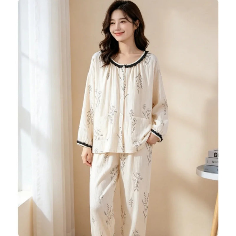 Women's Pajamas Suit Autumn New Long-sleeved Trousers Two-piece 100% Cotton Sleepwear Night Wear for Ladies 2PCS Pjs Woman Set