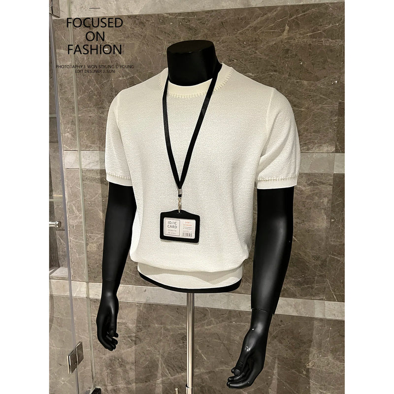 Old Money Style Men's T-Shirt, Collar Jacquard Knit Short Sleeve, Premium Casual Top