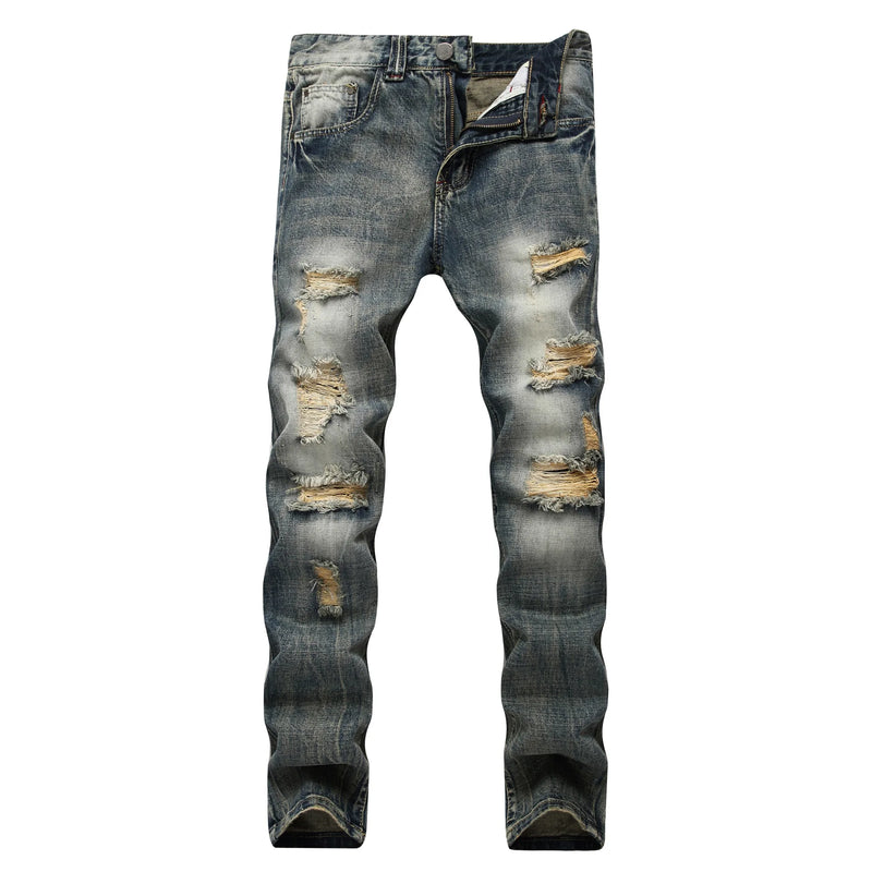 Vintage-style Men's Blue Jeans, Distressed Denim Pants, Asian Sizes 28–34 36 38 40 42.
