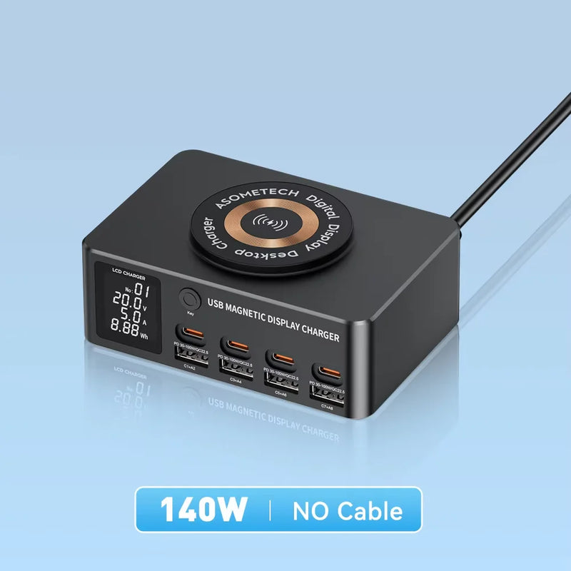 ស្ថានីយសាកថ្មឥតខ្សែលឿន 140W Multi USB-C ជាមួយអេក្រង់ LED PD QC 3.0 សាកថ្មលឿនសម្រាប់ iPhone 14 13 Samsung Xiaomi