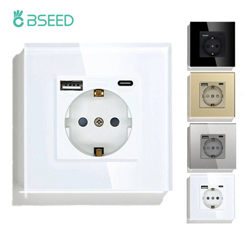 BSEED EU Power Socket Electrical Outlets With USB Type-C Phone Charger Port 2.1A  USB Wall Socket 16A Crystal Glass Panel