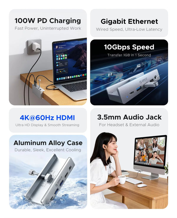 ORICO Aluminum 8 in 1 USB Clip Hub With Power Supply Suitable for High Speed 10GBPS Data Transmission on MAC OS PC