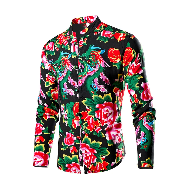 Chinese Style Men's Red Stand-up Collar Long-sleeved Shirt, Single-breasted Printed Shirts, Fashion Casual Camisas. New 2026