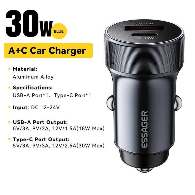 Essager 30W Mini Car Charger PD3.0 QC3.0 Quick Charge Type C Car Charger PD 22.5W Fast Charging For Huawei Xiaomi Oneplus iPhone