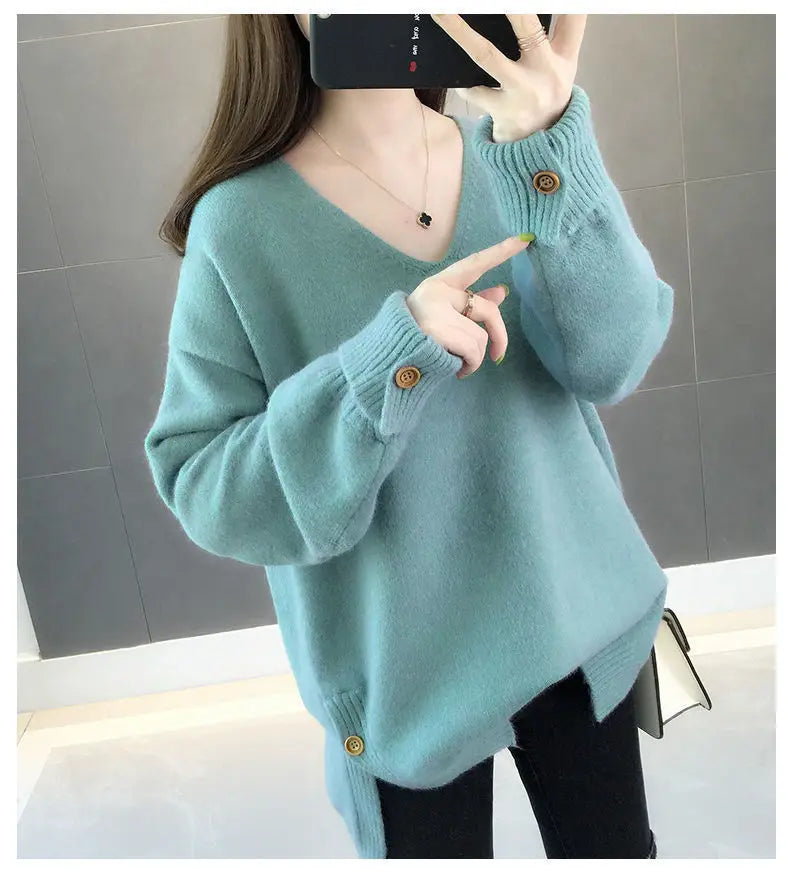 Oversized Autumn Winter Korean Women's Sweater Loose Knitted Jumper V Neck Long Sleeve Top Female Thick Warm Pullover Knitwear