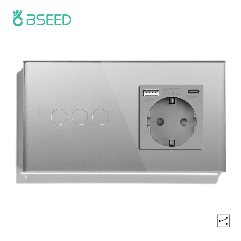 Bseed Wall Touch Light Switch 1/2/3Gang 2Way Light Switch With EU Socket USB Type-C Glass Panel Blue Backlight 240V for Stairs
