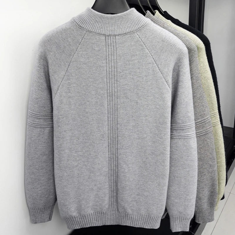 Men's 850g Thickened Semi-Zip Knit Sweater - Light Gray (Green/Charcoal/Black) S-XL Thick Knit Half High-neck Pullover