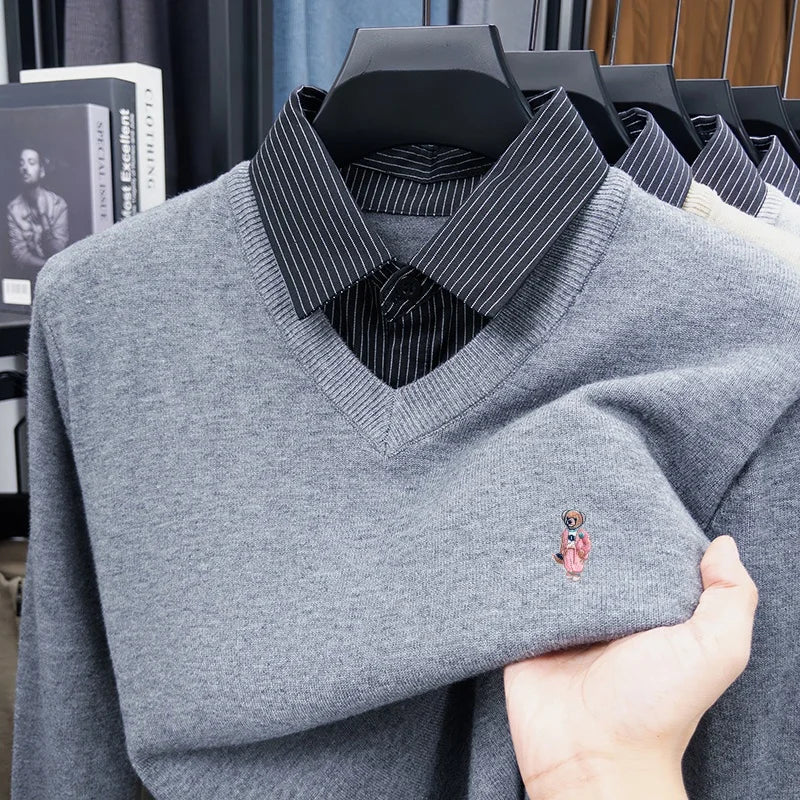 Multi-Color Selection Man False Two-Piece Long-Sleeved Knitwear Bear Embroidery Autumn Winter New Pullover Casual Men's Clothing