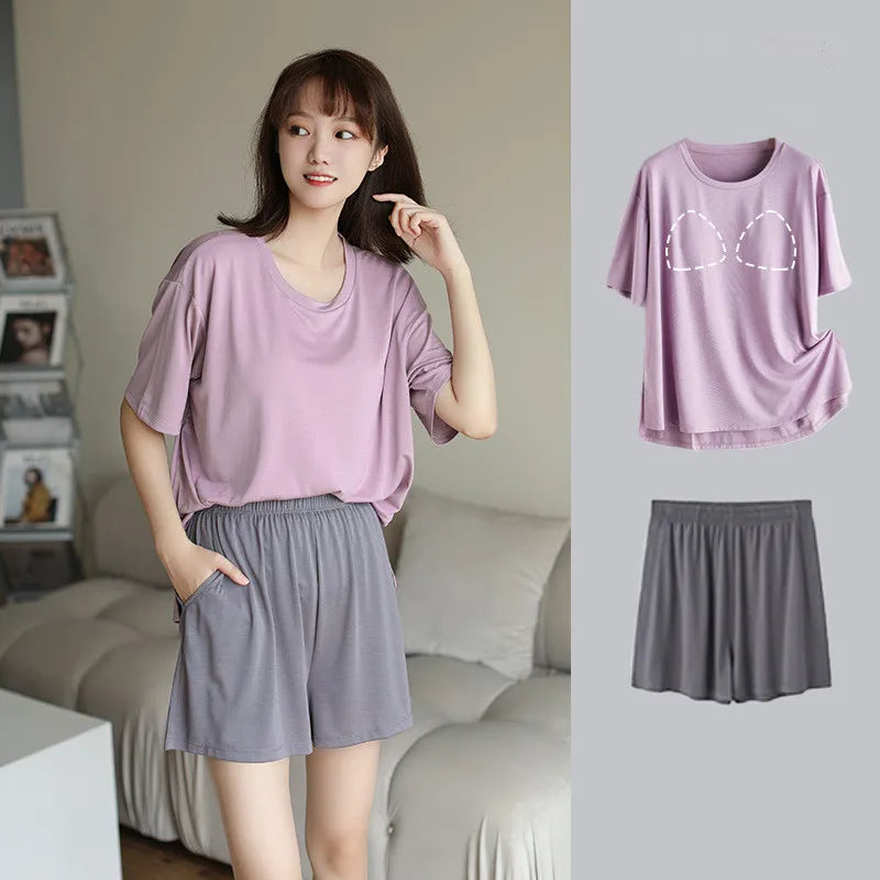 Fdfklak Casual Chest Pads Women Summer Pajamas Set Modal Short-Sleeved Cropped Pants Suits Outside Wear Sleepwear Home Clothes