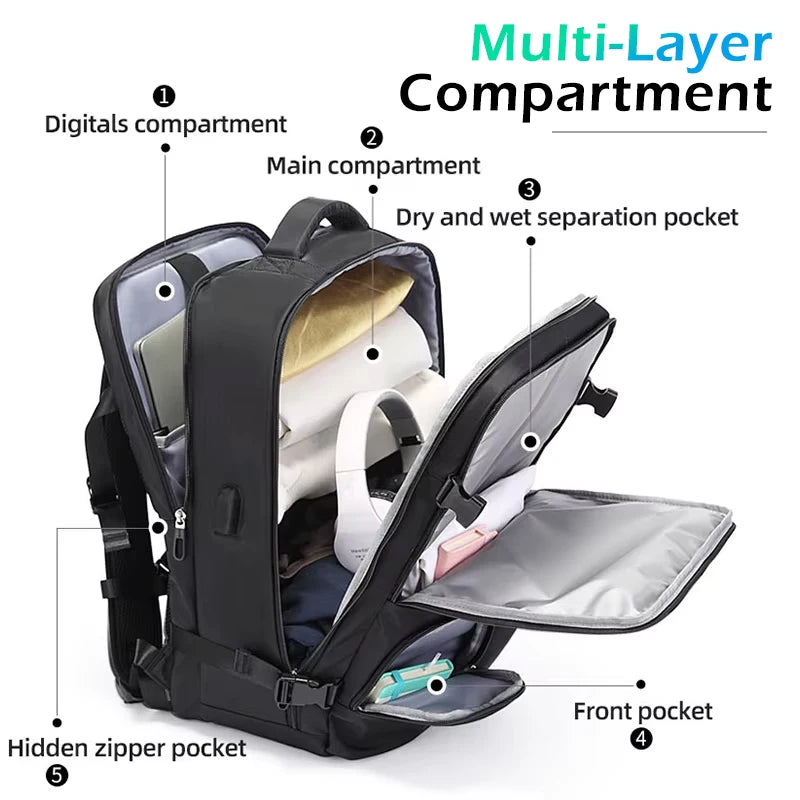 BANGE Airline Approved 15.6inch Large Travel Backpack Men Multi-Function With USB WaterProof Laptop Backpack With Wet Dry Pocket
