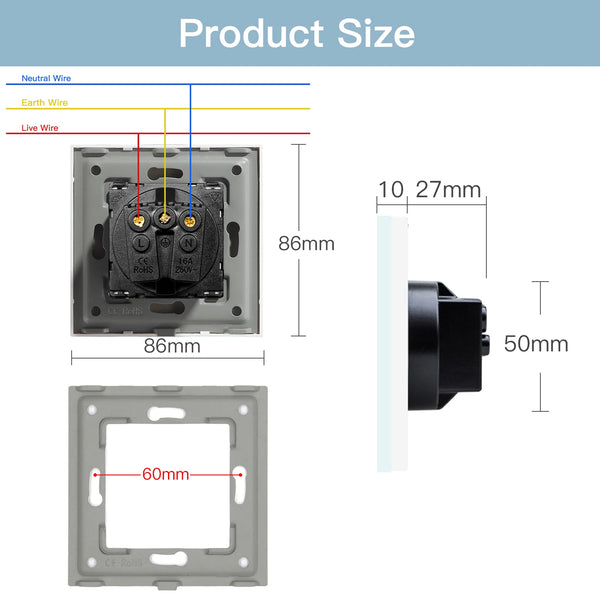 រន្ធដោតជញ្ជាំង BSEED M1 ស៊េរី EU រន្ធ USB ប្រភេទ C រន្ធដោតស៊ុមប្លាស្ទិកពីរ ឌុយភ្លើងបី ការការពារកុមារ 16A