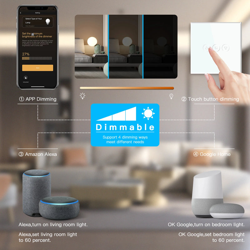 BSEED Wifi Dimmer Switch Smart Dimmable Touch Switch With EU Socket Glass Panel Support Tuya Smart Life Google Home Control