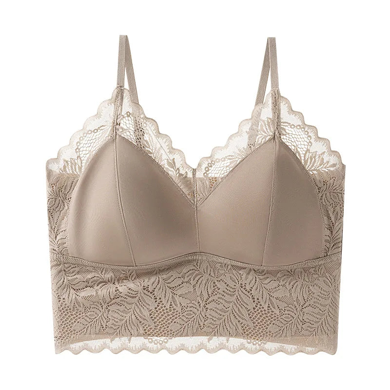 Lace Satin Chest Pad Top Integrated Fixed Cup Seamless Breathable Sling Vest Women One Piece Pajamas Sleepwear Underwear