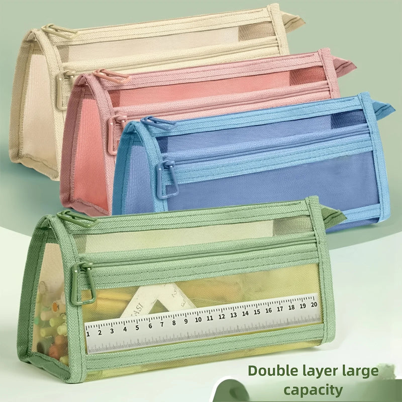Desk Storage Morandi Grid Mesh Pencil Case with Handle and Zipper Clear Double-layer Pencil Pouch Marker Pouch,Travel Makeup Bag