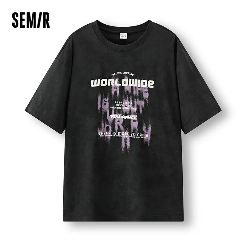 Semir Mens Tshirt 2026 Color Block Letter Knitted Loose Soft Crew Neck Light Batik Texture Casual Fashion
