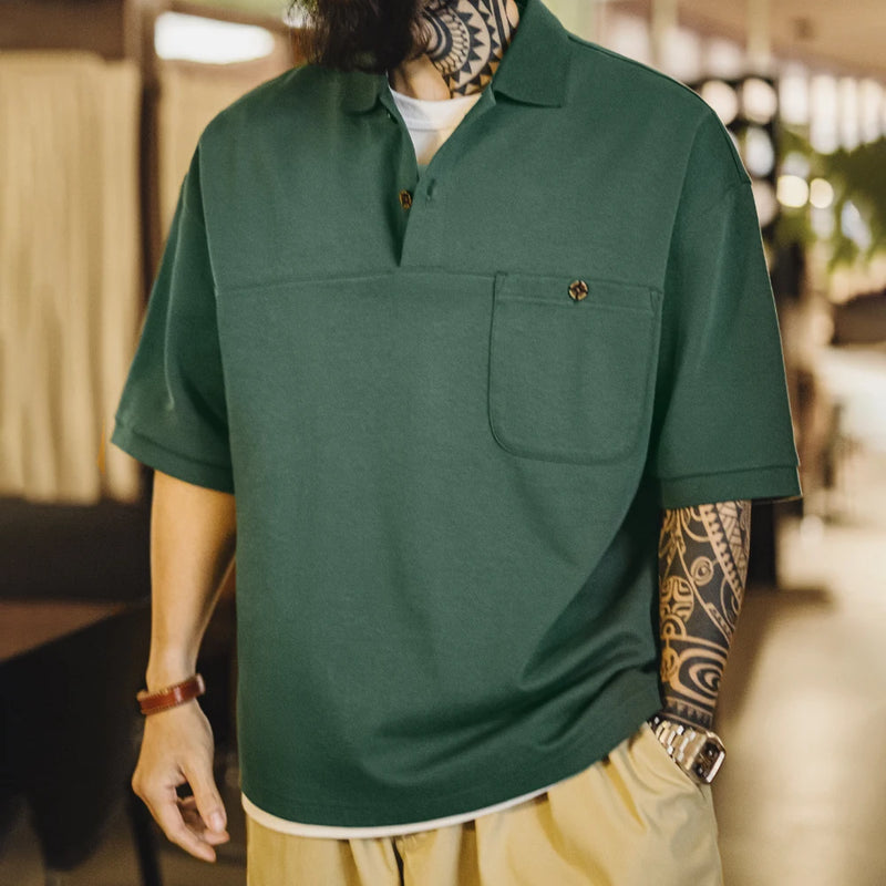 Maden New Vintage Green Lapel Short Sleeve Polo Shirt Men's Summer Loose Fit Casual Pocket Tee Business Casual Versatile T-Shirt