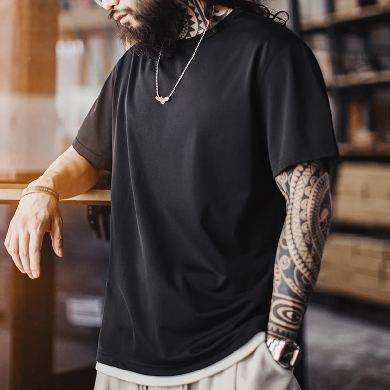 Maden Men's Cooling Quick-Dry Short-sleeved T-Shirt High Elastic Solid Color Crew Neck Relaxed Fit Sports & Casual Summer Top