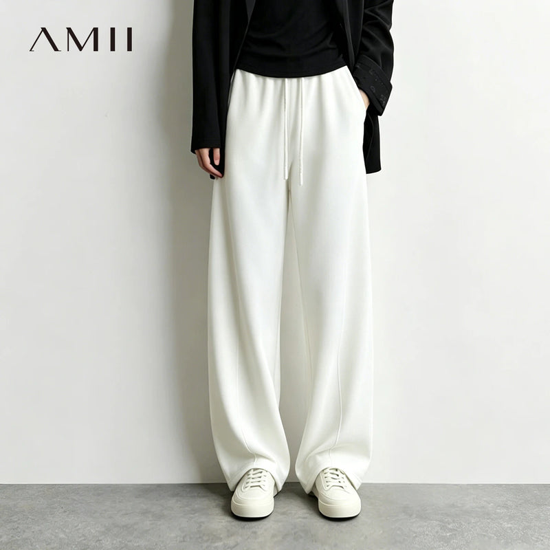 Amii Women's Wide Leg Pants 2026 Autumn New Drawstring Elastic Waist Casual Pants Air Layer Fabric Basic Loose Trousers 12623075