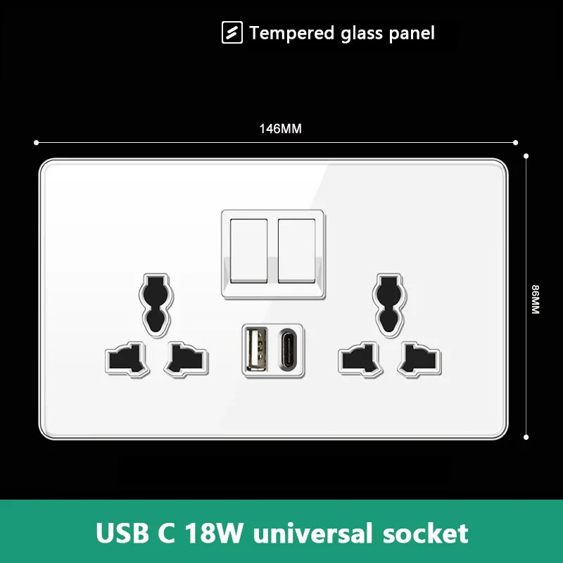 UK 13A Wall Socket with Type-C 18W Fast Charging Plug Socket,Glass Panel Power Double Universal Outlet with Quick USB C charge