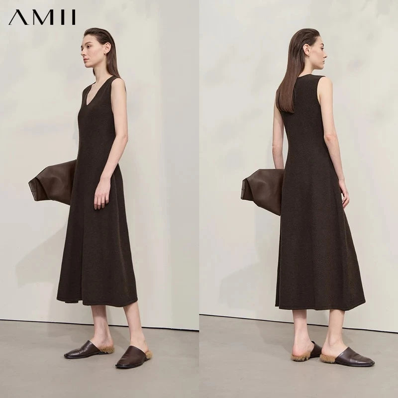 AMII Womens Dresses 2026 Autumn New Casual Elegant Ladies Clothing V-neck Sleeveless Knitted A-shaped Dresses For Woman 12543159