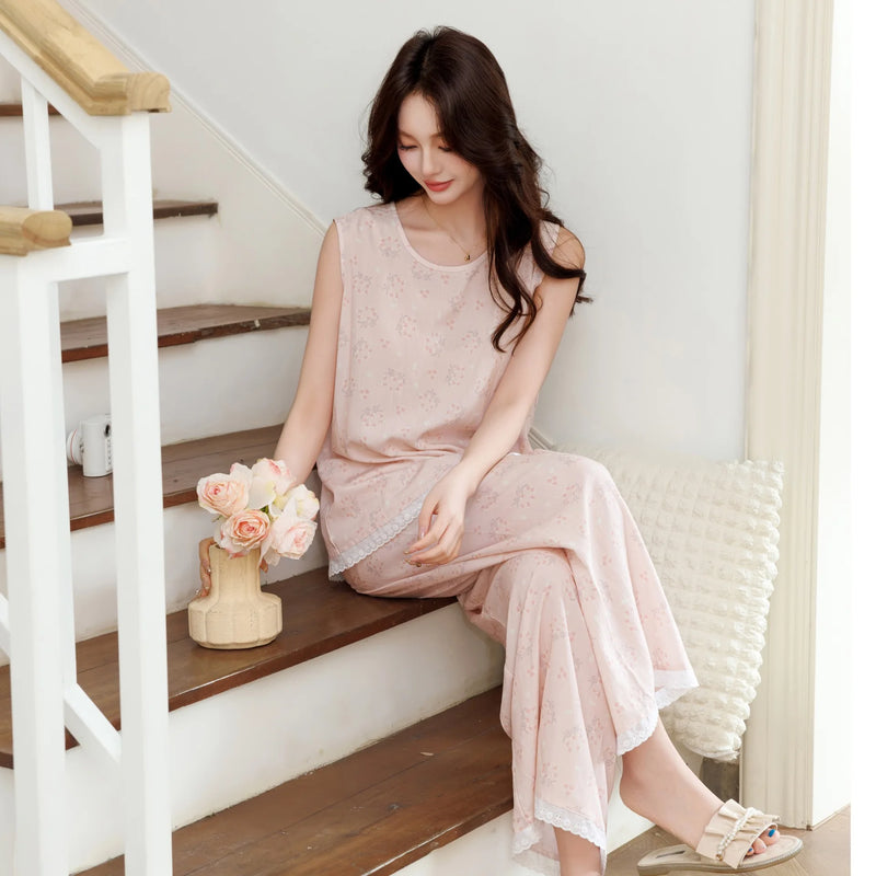 Floral Sleepwear Women's Pajamas Summer 2 Piece Set Night Wear for Ladies Sleeveless Pajamas Female Clothing Pyjama Set Woman
