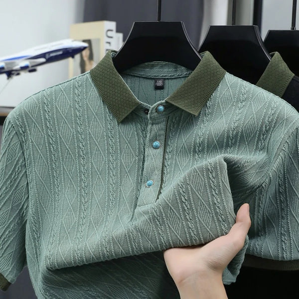Men's Cable Knit Polo Shirt, Ultra-Soft Cotton Feel Fabric, Business Casual Short Sleeve Shirt with Ribbed Collar