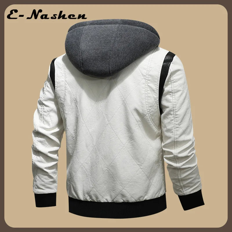 European and American-style Men's White Faux Leather Jacket; Black Hooded PU Motorcycle Coat with A Detachable Hood.