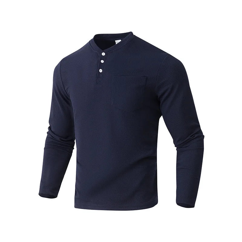 Quality Men's Long - Sleeve Henley Shirt with Button - Down Collar: Casual Spring/Autumn Polo Top Grid O-neck T-shirt