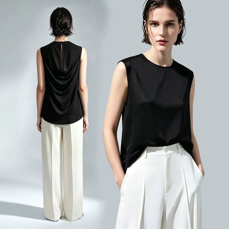 Amii Woman Trousers 2026 Summer New O-Neck Pleated Chiffon Long Dress Separate Casual Flowy Sleeveless Women's Blouse 12652065