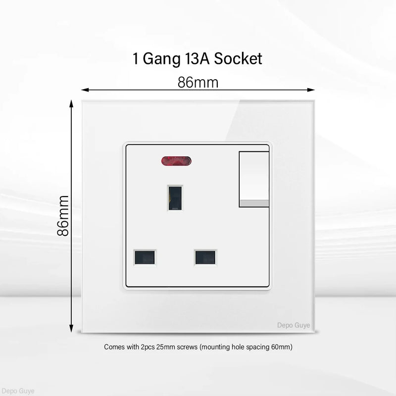 UK Standard 18W Type-C Fast Charging Universal Dual 3pin Power Outlet,White Tempered glass Wall light Switch Panel  For Home
