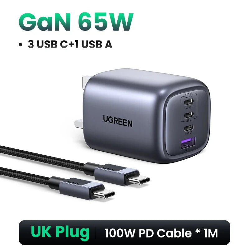 UGREEN 65W GaN Charger Quick Charge 4.0 3.0 PPS PD 3.0 Fast Charger 3 USB C For Macbook Air Laptops Tablets iPhone 18 17 16 Pro