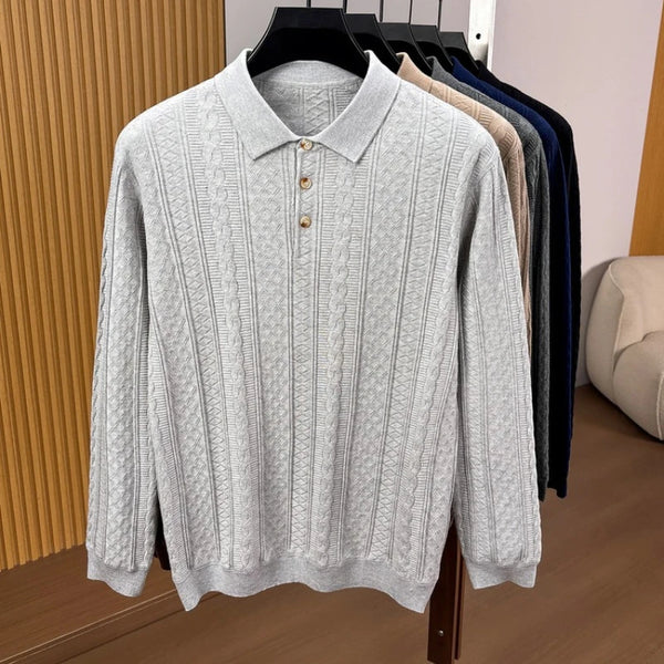 Men's Long Sleeve Waffle Knit Polo Shirt – 100% Cotton, Slim Fit, Business Casual Top for Autumn Winter