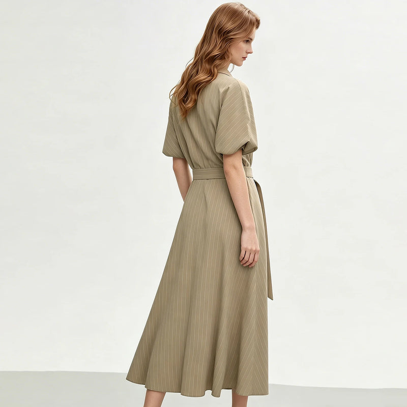 Amii Striped Women's Dress 2026 Summer New Lapel Dolman Short Sleeve Waist Belt Office Casual Long Dress For Women 12652056