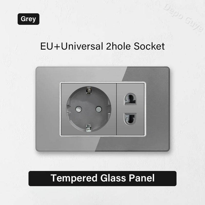 Type 118 Grey Tempered Glass Panel EU Wall Light Switch,Europe Wall Socket With USB Type-c 18W Quick Charge Outlet 118*75mm