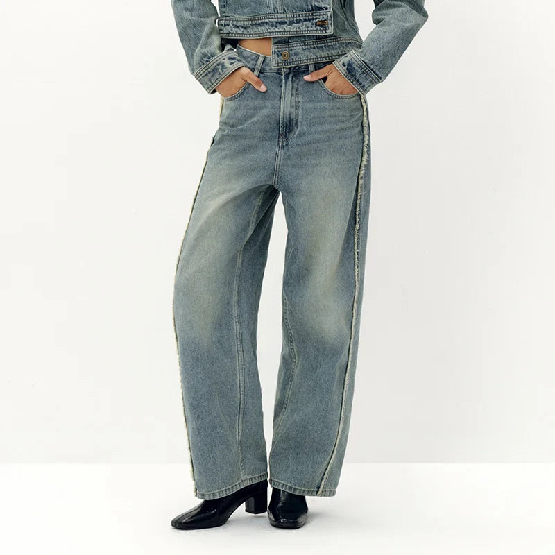 Semir Women Jeans Washed Curved Barrel Loose Draping Wide Leg 2026 Autumn Retro Street Style Denim Bottoms Daily Wear