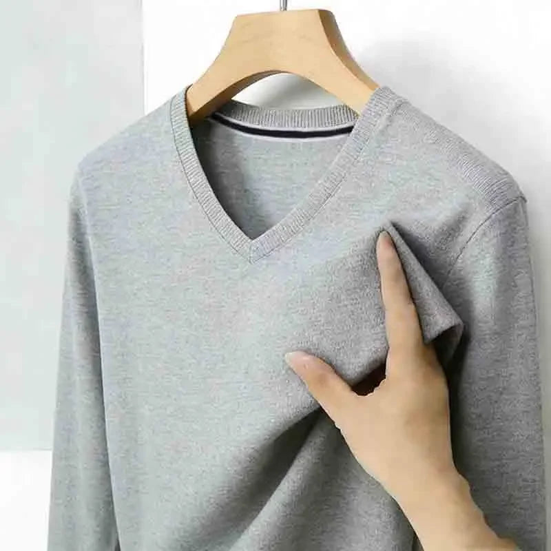 2026 New Men's Brown V-neck Long Sleeve Shirt Casual Business Commute Top for Office