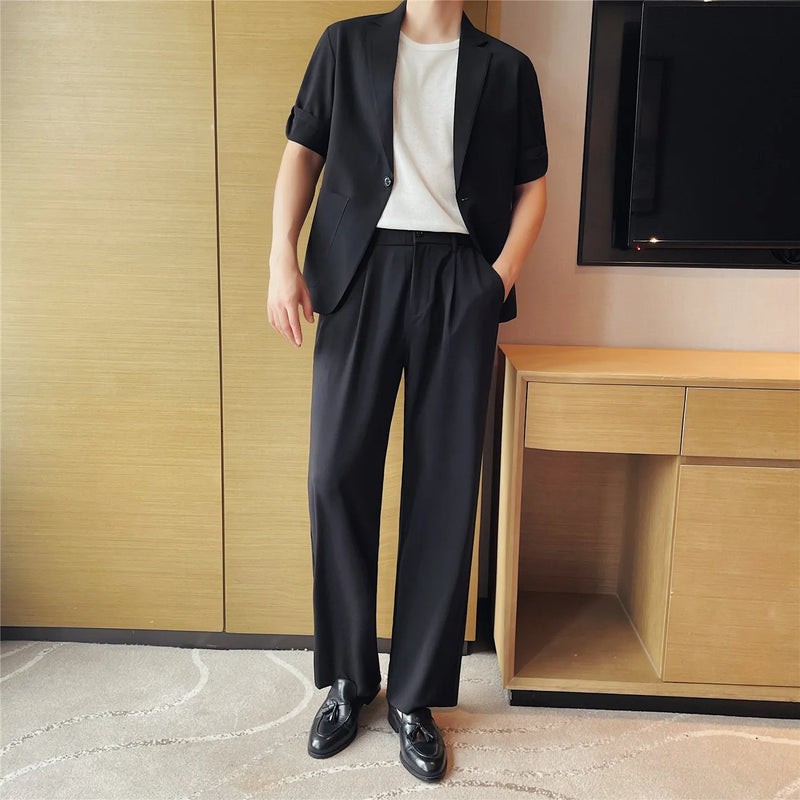 Men's Imitation Linen Short-Sleeve Suit Set – Lightweight Blazer & Wide-Leg Trousers for Summer Business & Casual Wear